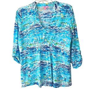 Lilly Pulitzer High Tide Toile "Day at the Beach" 3/4 Sleeve Cotton Top Size S